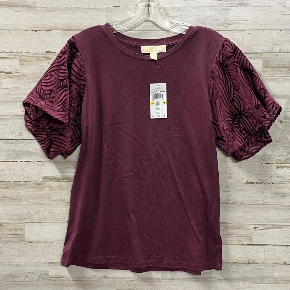 Michael Kors Burgundy Velvet Lace Flutter Sleeve Top